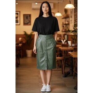 Jeannie Mai X INC Green Faux Leather Button-Front Midi Skirt With Pockets Size 4